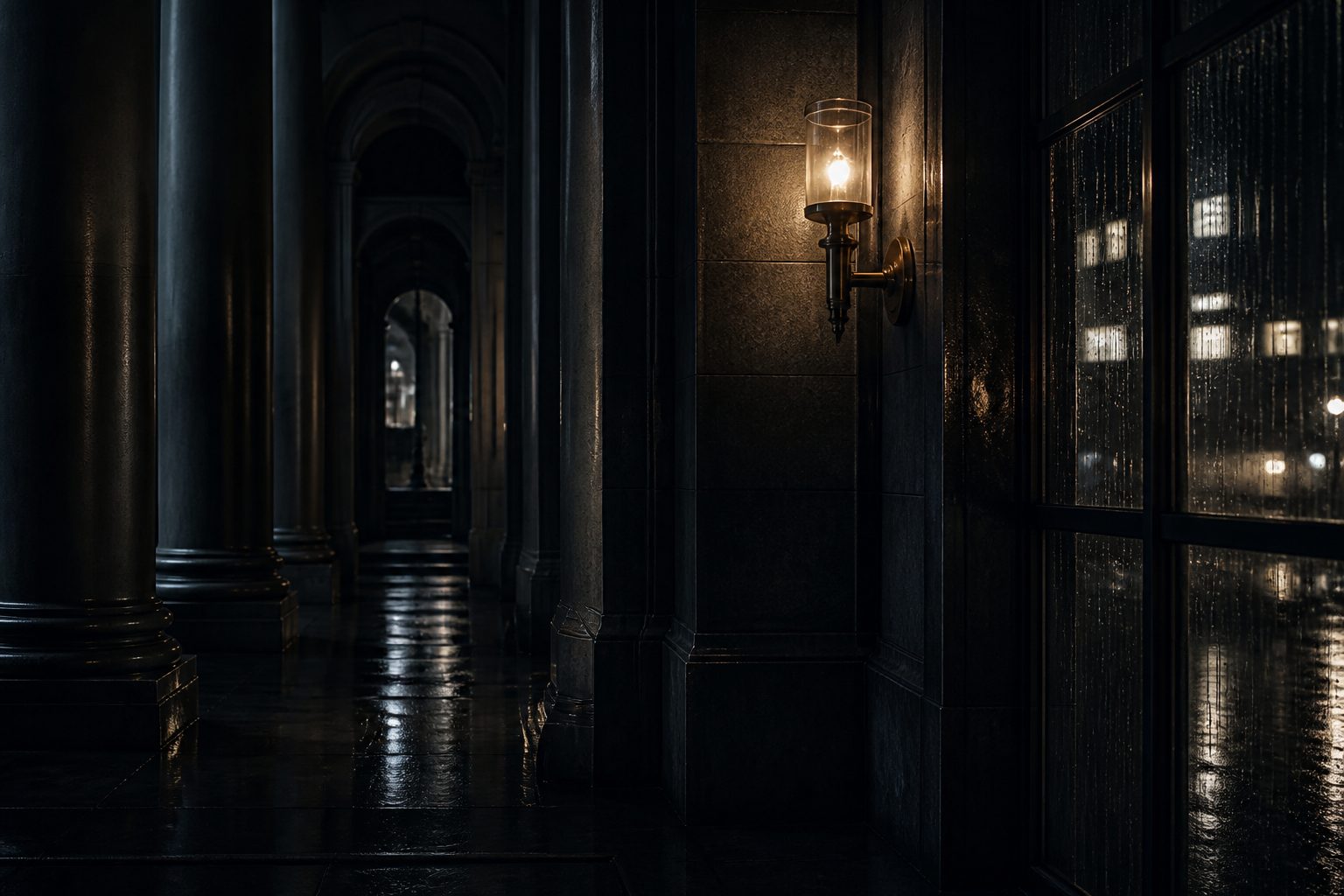 Dark stone colonnade at night with a single brass lamp and rain-streaked glass — atmospheric brand photography for Nexus Vertex
